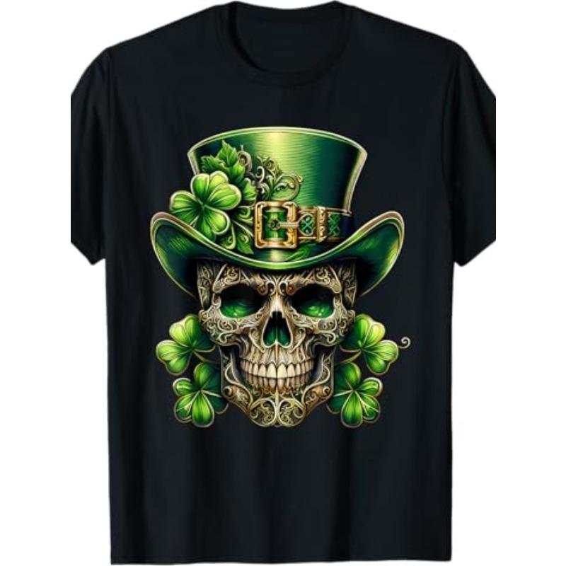 

Men s St. s Day Sugar Skull & Irish Celtic T-Shirt,with Green Shamrock & Accent Skull, Mexican-California Style Leprechaun Hat Design S чёрный