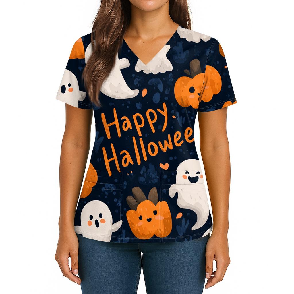 Women's Halloween Printed V-Neck Double Pocket Short Sleeves Hem Slit Uniform Caregiver Top