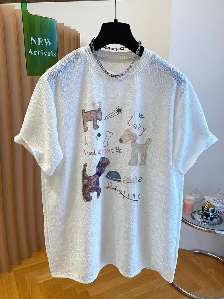 240 Jin Women's White Puppy Jacquard Short-Sleeve T-Shirt - 2026 New Summer Loose Casual Top