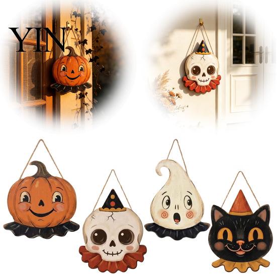 Outdoor Ghost Door Decorations Halloween Wooden Hanging Pendant with Lanyard, Retro Ghost/Pumpkin/Skull/Black Cat Black Wall Art for Front Porch Party