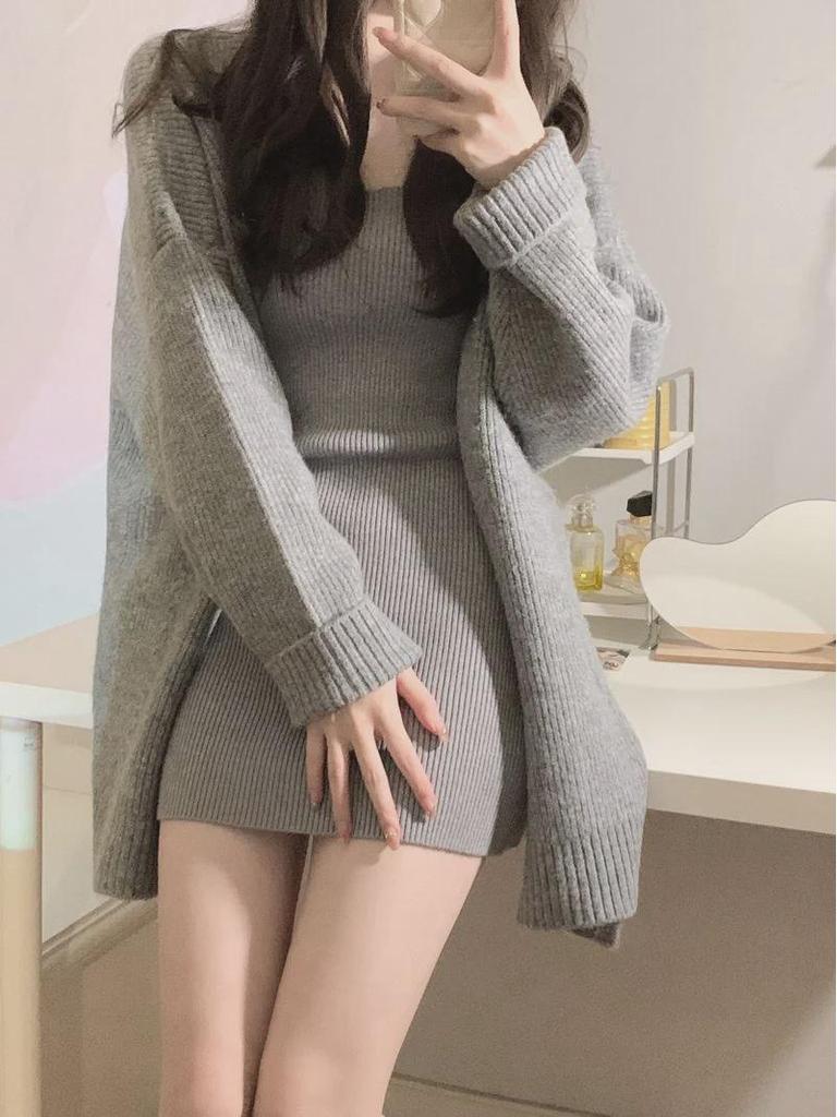 Women's Winter Two-Piece Set: Knitted Vest and Short Skirt Cardigan
