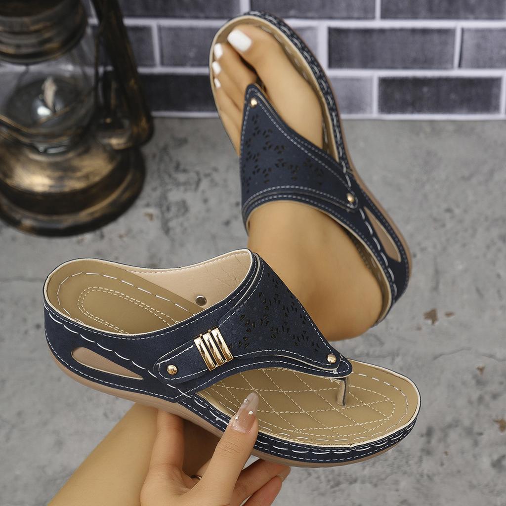Women's Cutout Thong Sandals, Stitched Detail Wedge Slippers, Retro Platform Outdoor Slides for Women