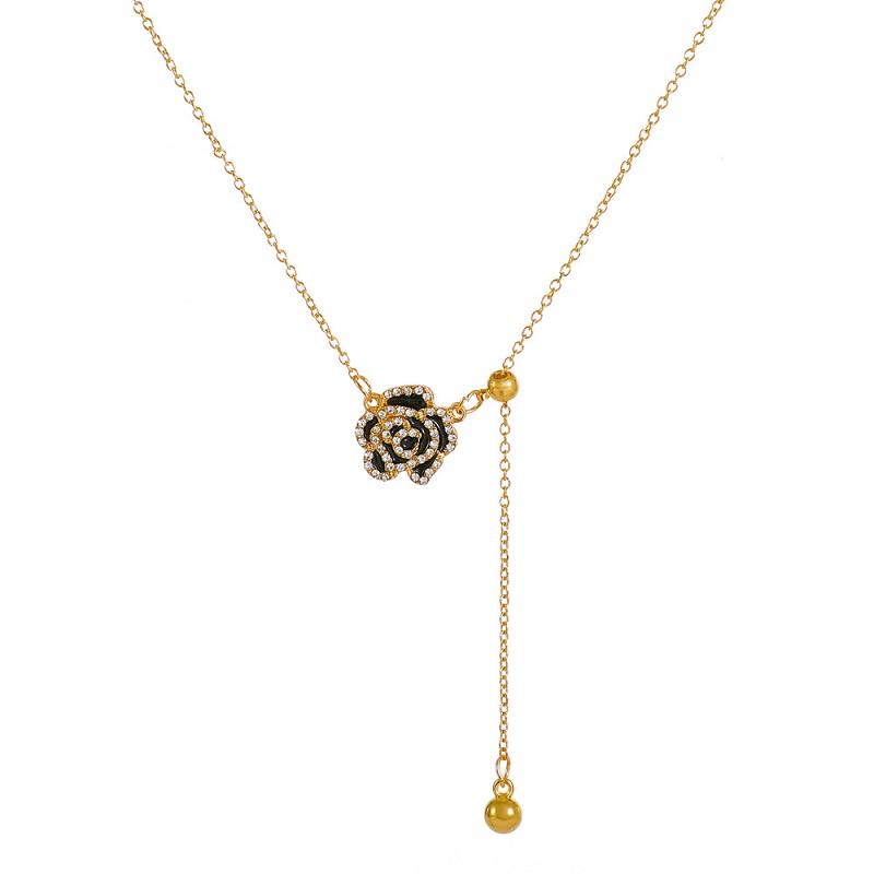 New Fashion Elegant Black Camellia Necklace for Women Girls Korean Sweet Flower Necklace Party Zircon Accessories