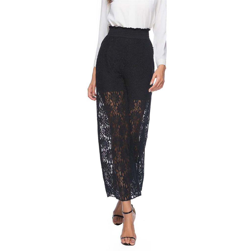 Wide Leg Pants For Women Summer Elastic High Waist Loose Hollow Hook Flower Lace Beach