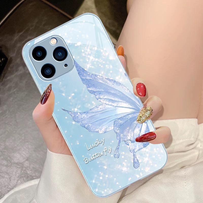 Dreamy Butterfly Far Peak Blue For IPhone 15 Pro 14 13 12 Mini 11 XS Max XR 7 8 Plu SE 2020 2022 Tempered Glass Phone Case