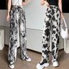 Women Summer Casual Pants Elastic Waist Adjustable Tie Straight Wide Leg Long Trousers Camouflage Striped Print Lounge Pants Streetwear
