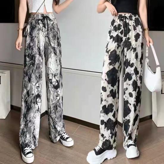 Women Summer Casual Pants Elastic Waist Adjustable Tie Straight Wide Leg Long Trousers Camouflage Striped Print Lounge Pants Streetwear