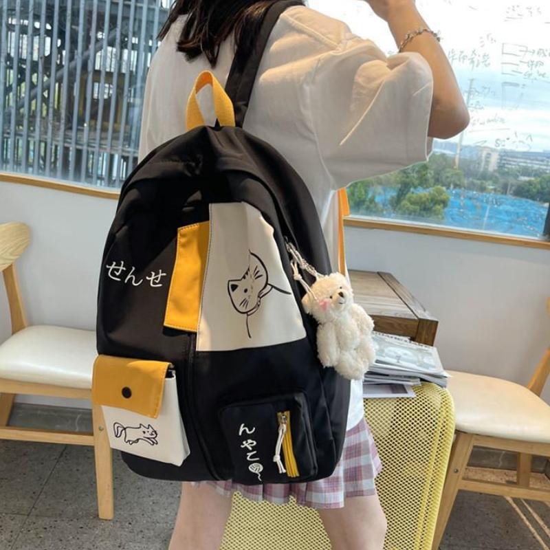 Hundreds of Simple Junior High School Students Schoolbag Large Capacity Primary School Students Schoolbag Cute Cat Pattern