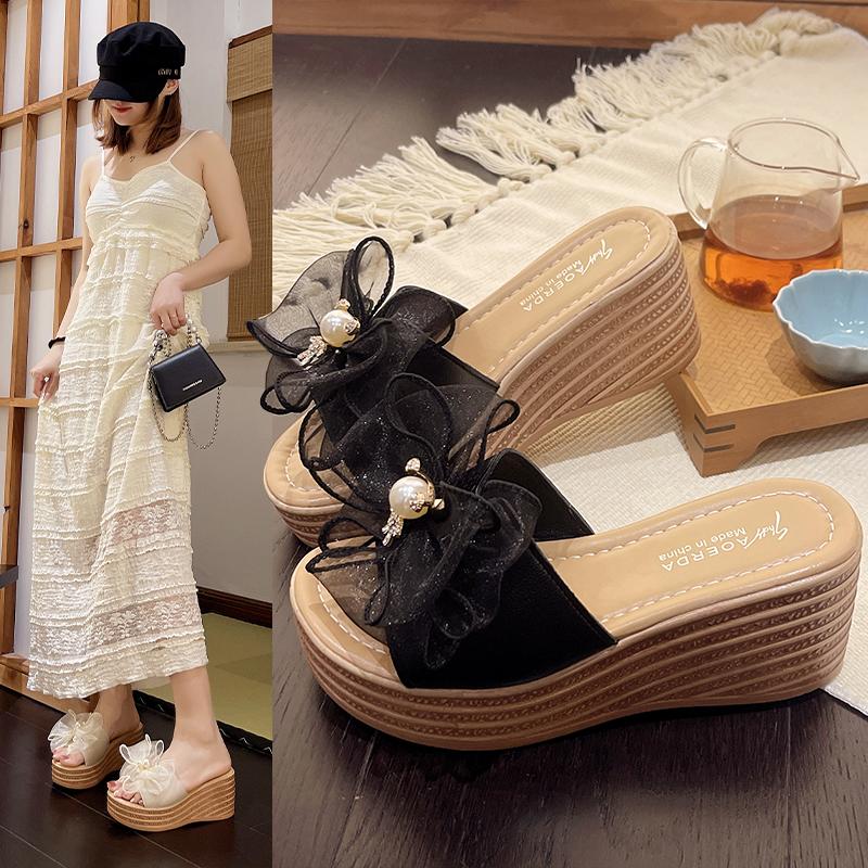 Fashion 2024 Women's Summer Bowknot Rubber Flip Flops Platform Slippers