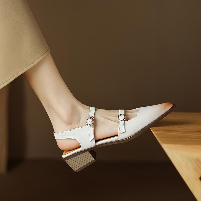 Summer Women Sandals Genuine Leather  Shoes for Women Cover Toe Chunky Heel Shoes Pointed Toe Slingback Sandals Gladiator Shoes