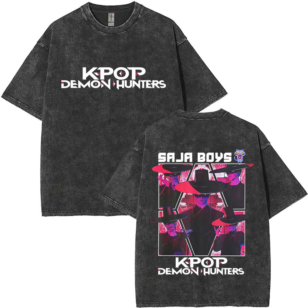 Women K-pop Saja Boys Demon Hunters Film Graphic T Shirts Women Harajuku Vintage Washed Oversized Cotton T-shirt