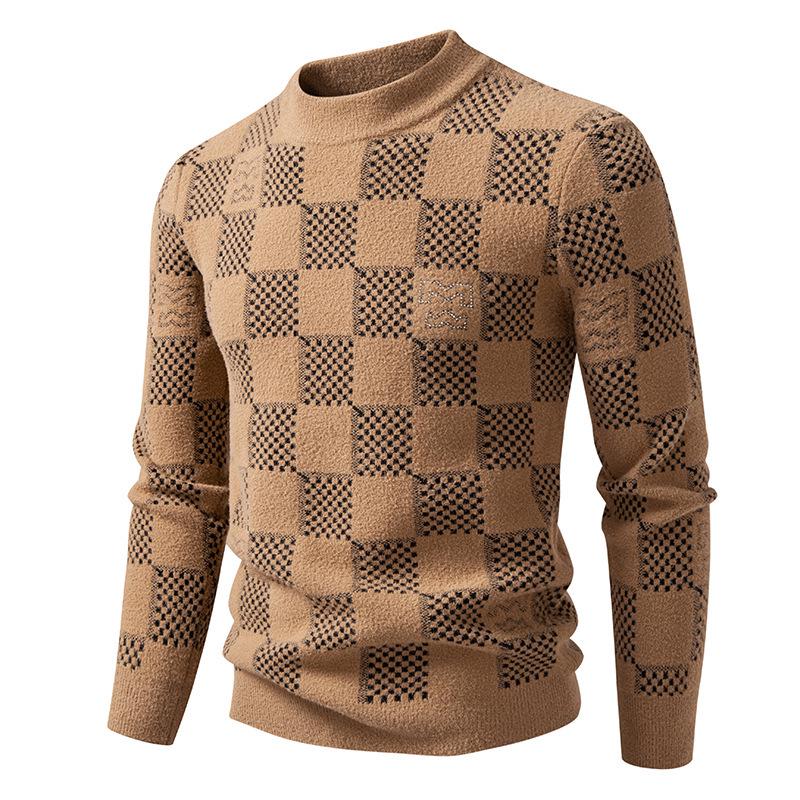 2025 Men s Trendy Color Block Rhinestone Patchwork Pullover Knitwear XXXXL верблюд