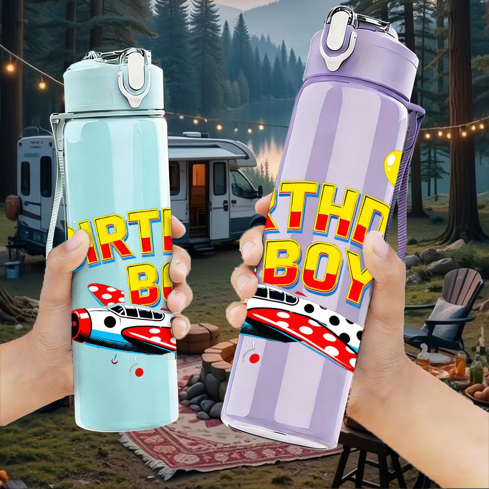 1PC Birthday Boy Yacht Balloon Graphic 750ml Color Plastic Water Bottle Leakproof Flip Straw Lid For Sports Office Home Use