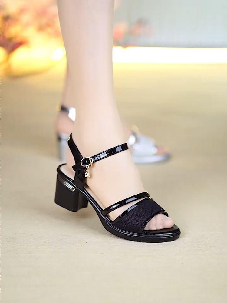 Soft Leather Women's High Heels Wear Open-toe Non-slip 2025 Summer New Fashionable Versatile Mid-heel One-button Sandals