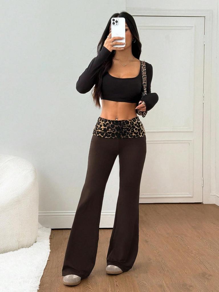 Pantalon évasé taille moyenne imprimé léopard euro-américain - Confortable, Tendance, Amincissant Vêtement décontracté Printemps/Été