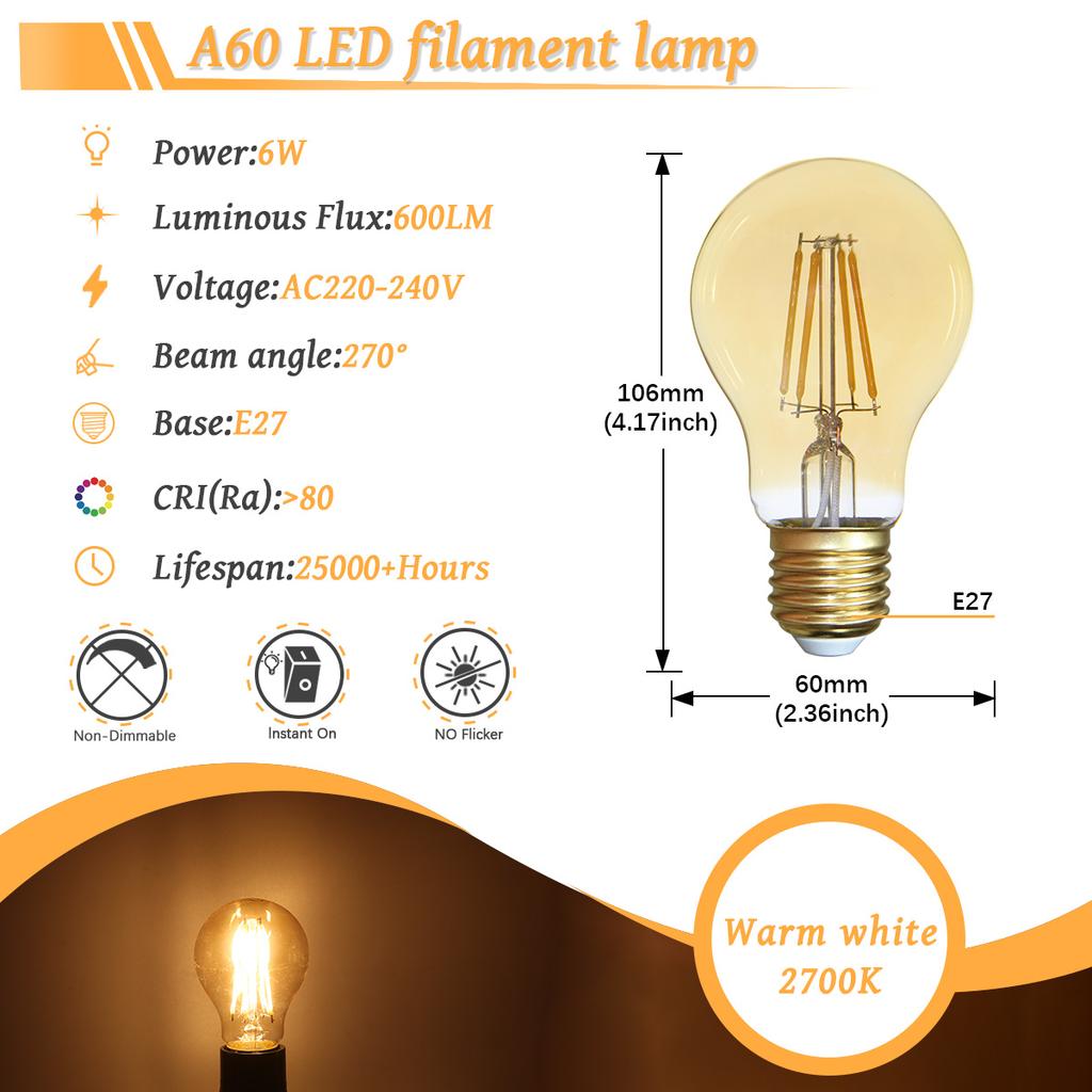 6PCS LED Filament Light Bulb Retro Edison E27 E14 B22 4000K 2700K 220V A60 G45 C37 Vintage Ampoule Incandescent Bulb Edison Lamp