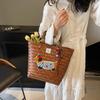 Vintage Striped Dachshund Handwoven Vegetable Basket Handbag Women's Large Capacity Commuter Bag Handheld Bucket Bag