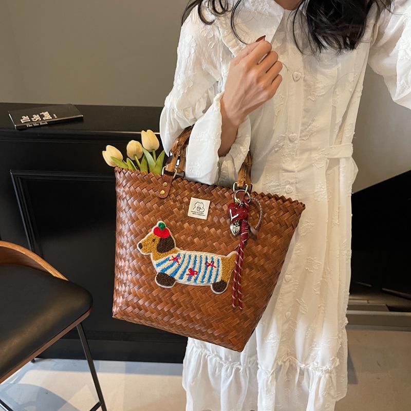 Vintage Striped Dachshund Handwoven Vegetable Basket Handbag Women's Large Capacity Commuter Bag Handheld Bucket Bag