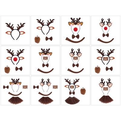 Reindeer Costume Set Reindeer Ears Headband Tail Bowtie Nose Tutu Face Stickers Kid Halloween Christmas Animal Cosplay