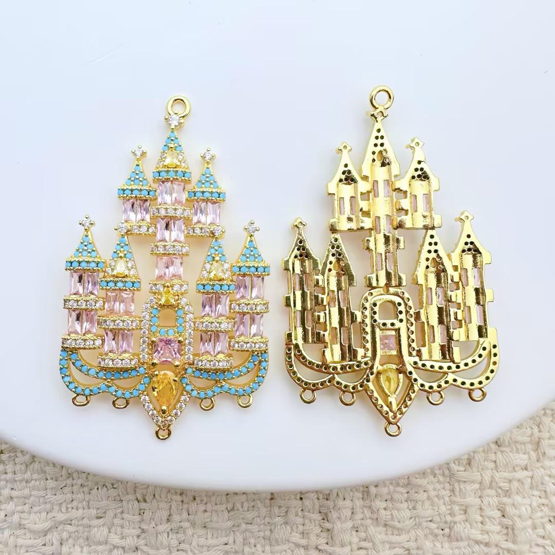 Gold-Plated Copper Castle Pendant with Micro-Inlaid Zirconia for DIY Jewelry 53x31.5mm