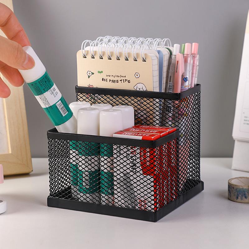 Office Metal Storage Grid Pen Holder: Multifunctional Student Desk Organizer, Wrought Iron Two-Compartment Design