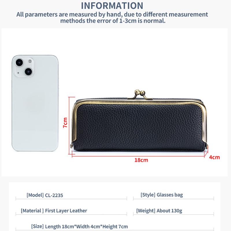 Genuine Leather Glasses Case Fashion Pencil Bag with Kiss Lock Brand Coin Purse Women Travel Sunglasses Box Eyebrow Pencil Box