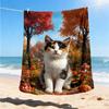1pc Autumn Forest Cat Print Outdoor Soft Polyester Flannel Throw Blanket Versatile for All Seasons , Soft , Cozy , Warm All Season Quilted Throw ,