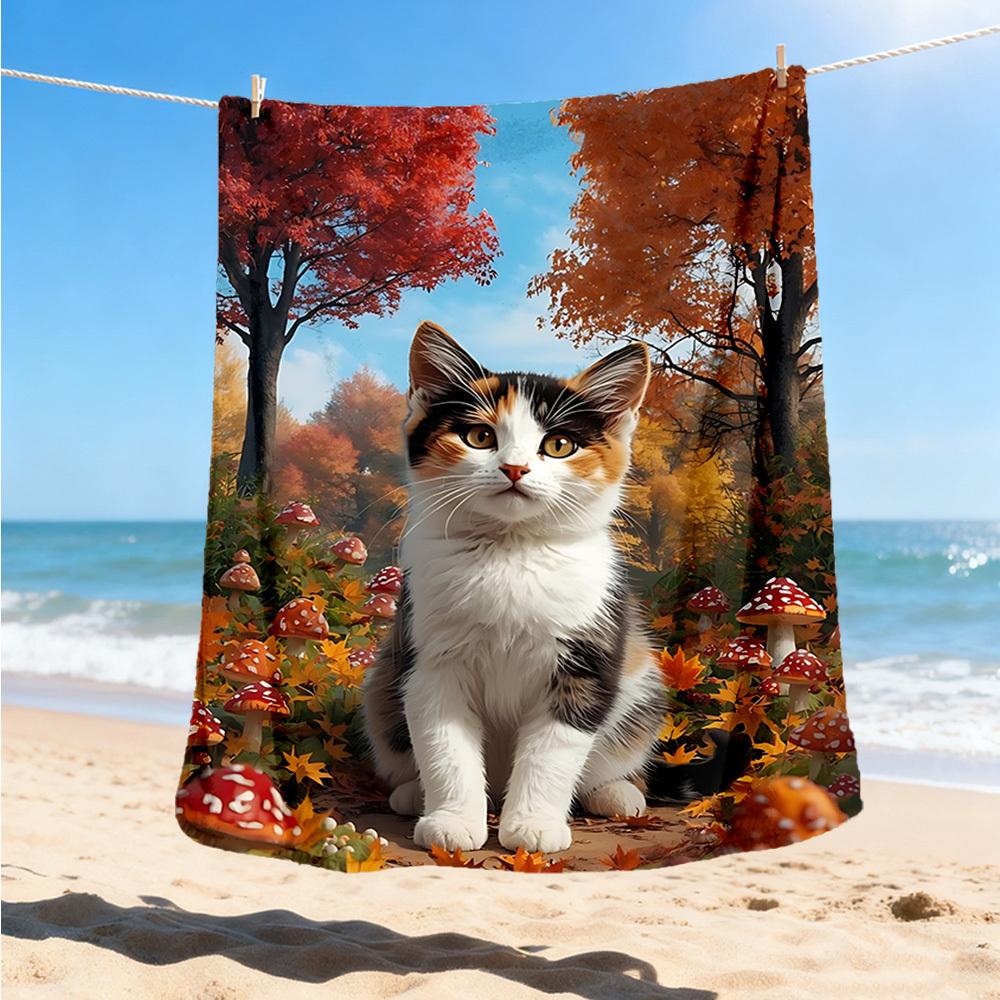 1pc Autumn Forest Cat Print Outdoor Soft Polyester Flannel Throw Blanket Versatile for All Seasons , Soft , Cozy , Warm All Season Quilted Throw ,