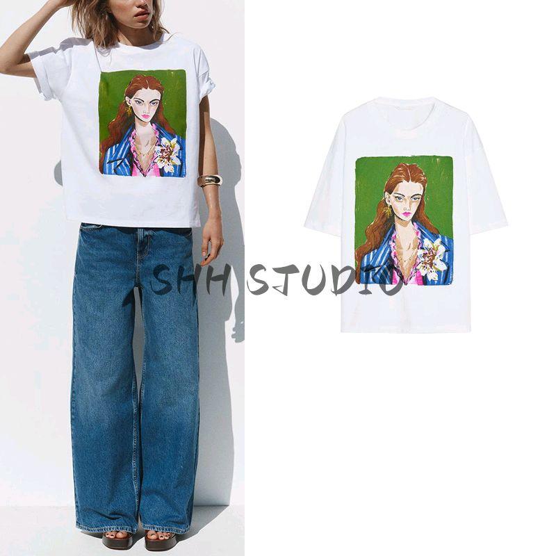 Spring and Summer Women's Clothing French Style Silm Straight-leg Contrast Color Girls' Print Cotton Round Neck Short Sleeve T-shirt 5644188