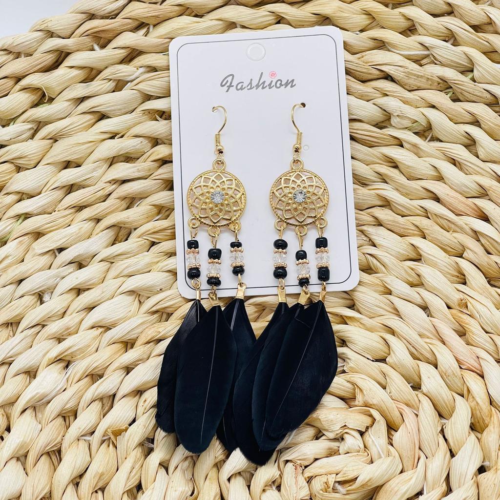 Vintage Bohemian Feather Tassel Earrings Exaggerated Ethnic Vacation Dangle Ear Jewelry Fashion Accessories For Women