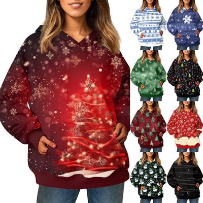 Modischer Langarmpullover für Damen mit weihnachtlichem Aufdruck und Kapuzentasche
