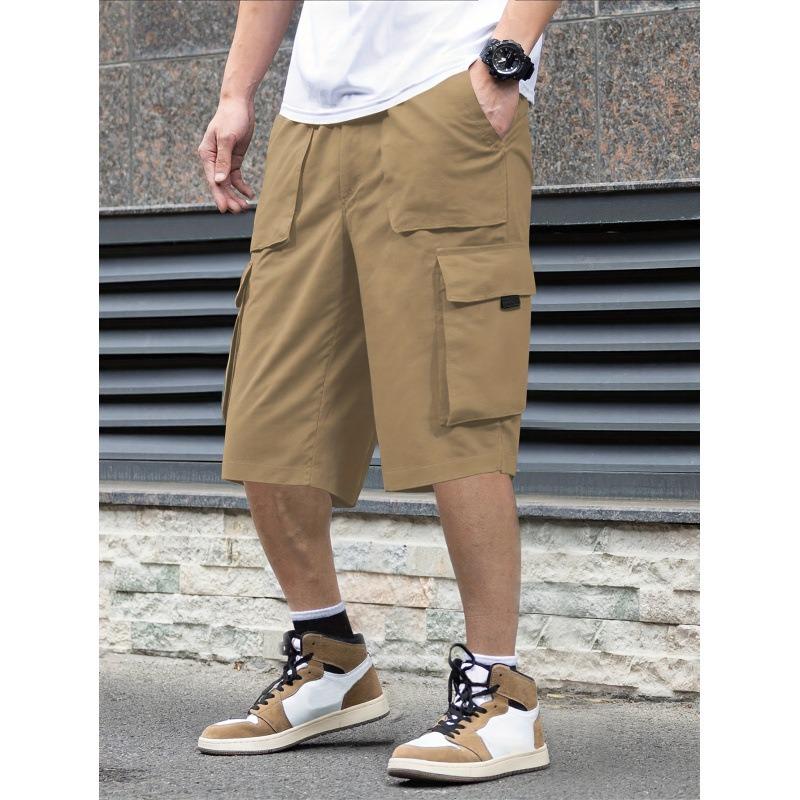 Grote Mannen Zwarte Cargo Shorts Elastische Taille Trekkoord 3/4 Lengte Broek
