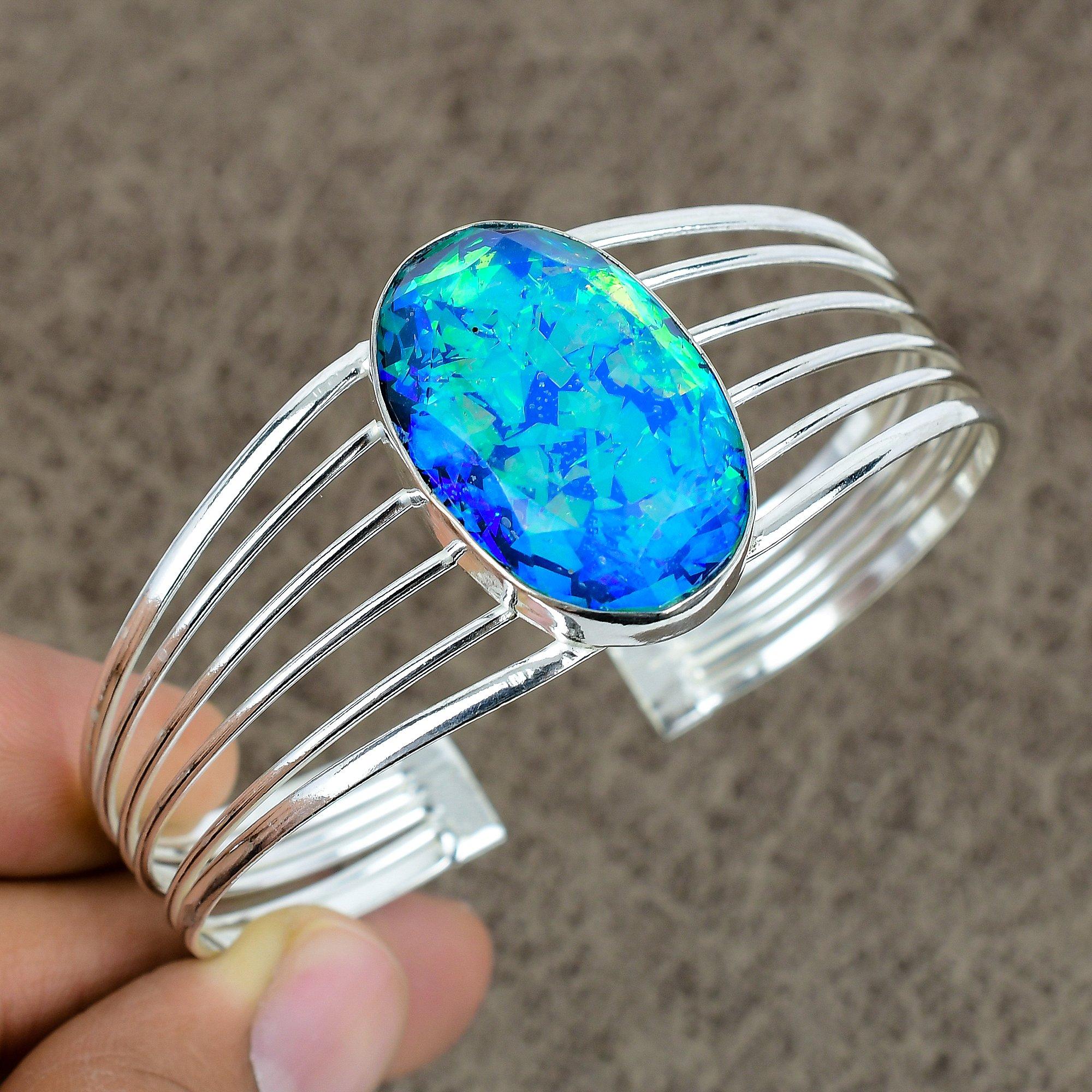 

Blue Triplet Opal Gemstone 925 Sterling Silver Cuff Bangle Adjustable KKG-159