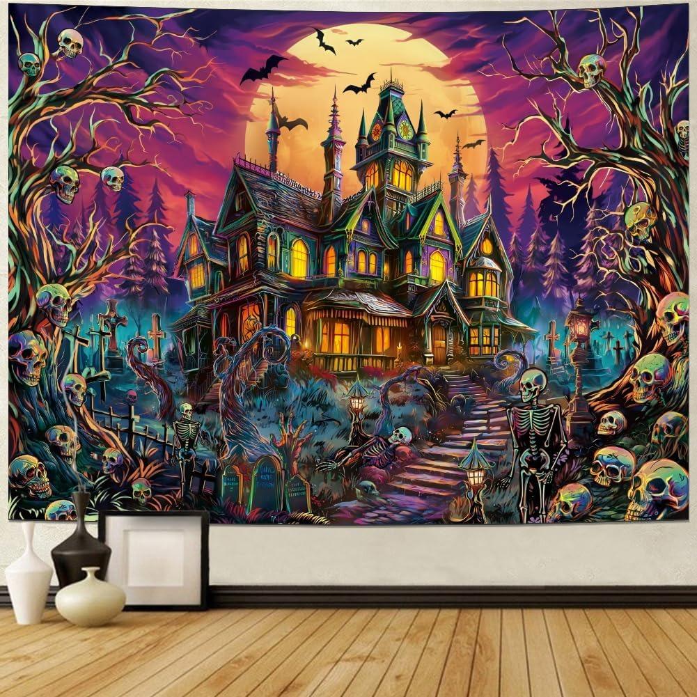 Blacklight Halloween Horror Fluorescent Tapestry Uv Reaction Luminescence Halloween Mural Art Decoration Gothic Castle 40CMX60CM