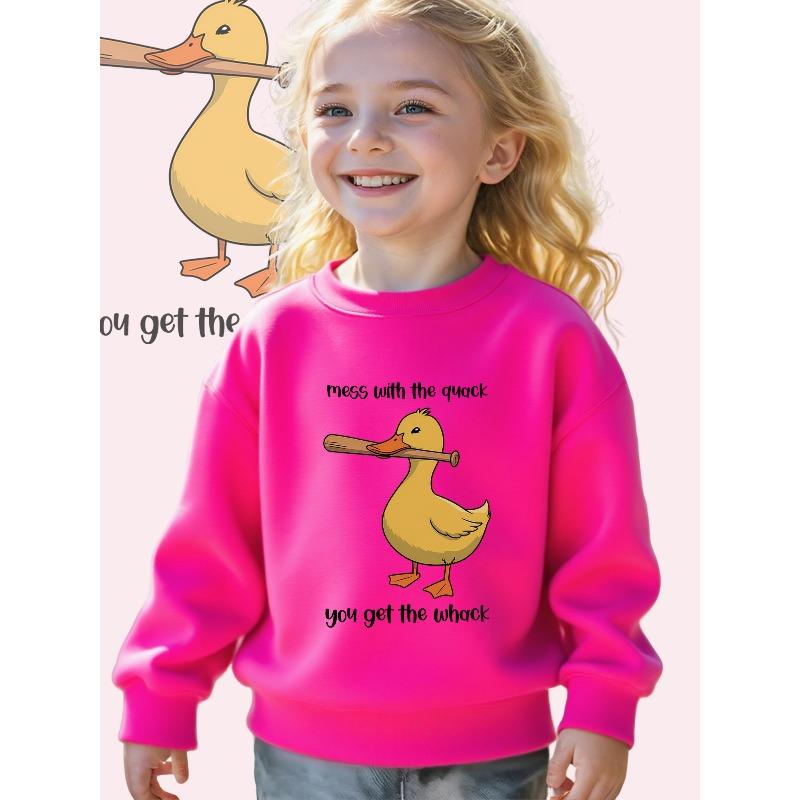 Girls Duck with a Stick: A Fun Cartoon Illustration Print Long Sleeve Crewneck Sweatshirt - Soft Casual Pullover Top 110