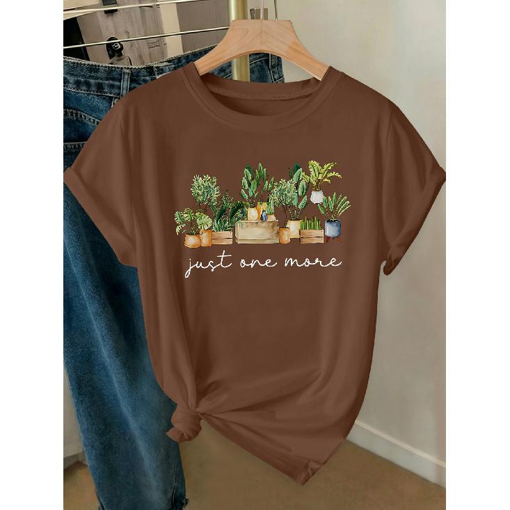 Elegant Women's Clothing with Green Plant and Potted Plant Prints, a High-value Gift, Round Neck, Short-sleeved for Spring, Summer, and Autumn T