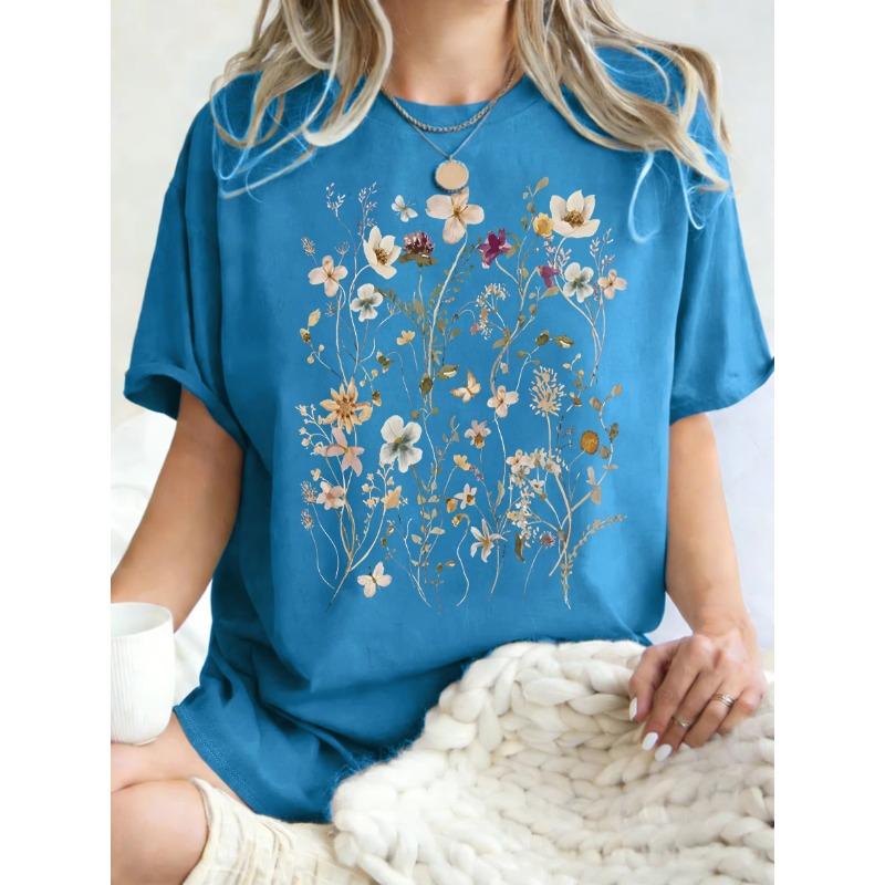 T-shirt da Donna con Stampa di Bellissimi Grappoli di Fiori Estate Oversize Manica Corta Girocollo Magliette in Cotone Y2K Top Sportivi Donna