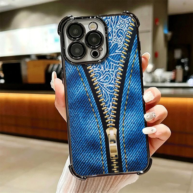 Retro Zipper Jeans Pattern Soft Phone Case For iPhone 15 16 17 Air 14 Pro Max 16E Plus 13 12 Mini Plating Anti-Fall Fundas