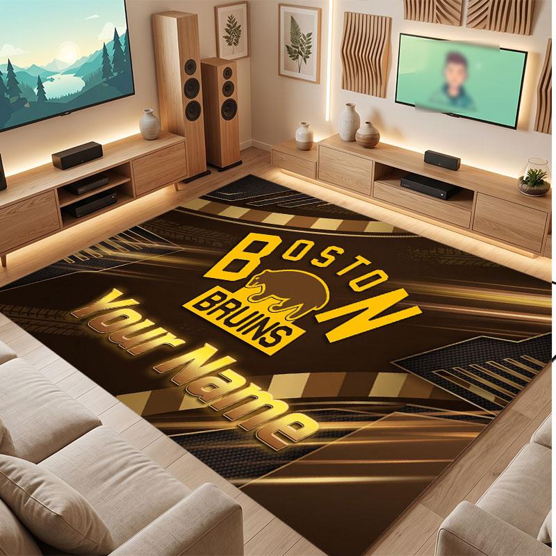 Tappeto in Cristallo Vellutato Personalizzato Boston Bruins, Tappeto Morbido Antiscivolo con Testo Nome Personalizzato per Soggiorno Camera da Letto