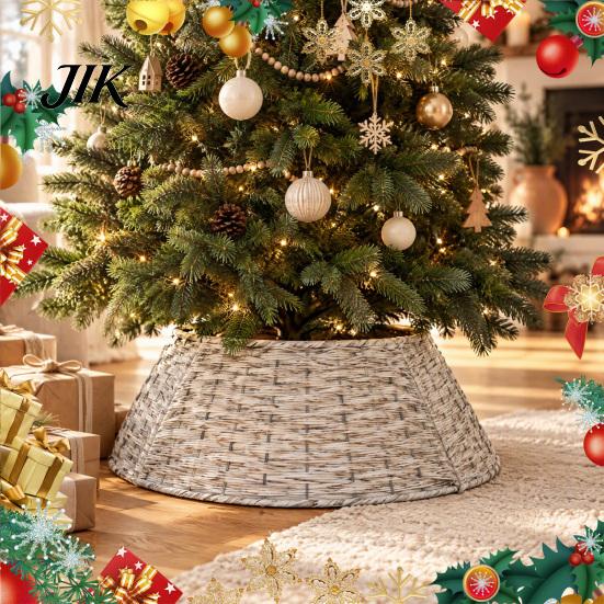 Christmas Tree Collar Handwoven Rattan Collar, Natural Brown Base Skirt, Decorative Indoor Ornament Wicker Stand Cover for Home Office Floor