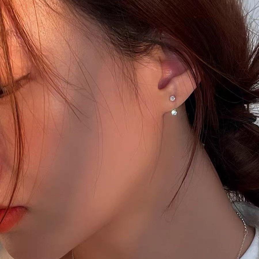 Exquisite S925 Silver Stud Earrings with Small Double Zirconia Diamonds for Women - High-End Style for Ear Hole Care