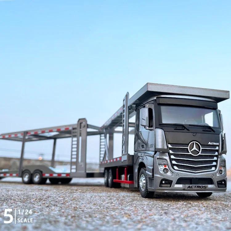 1:24 Mercedes Benz Double Decker Flatbed Transport Vehicle Alloy Diecast Metal Car Model Sound And Light Science Education Serie