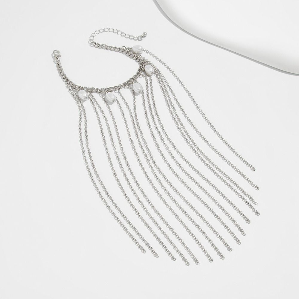 Silver Long Tassel Hand Chain Adjustable Link Chain Bracelets Imitation Pearl Bracelet Unisex
