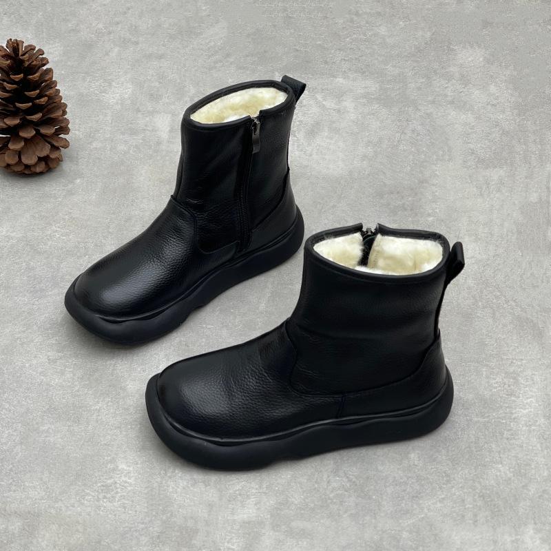 Johnature Genuine Leather Warm Cotton Boots Thick Soled Comfortable Side Zipper Women's Short Boots
