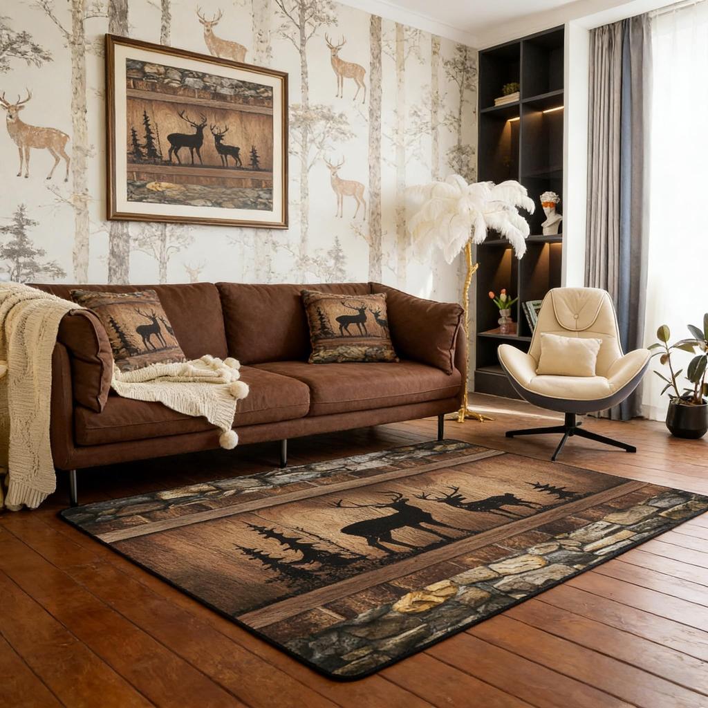 Erosebridal Farmhouse Deer Area Rug 5x7 for Living Room Camo Woodland Hunting Rugs for Bedroom Rustic Cabin Carpet Non Slip Wildlife Animal