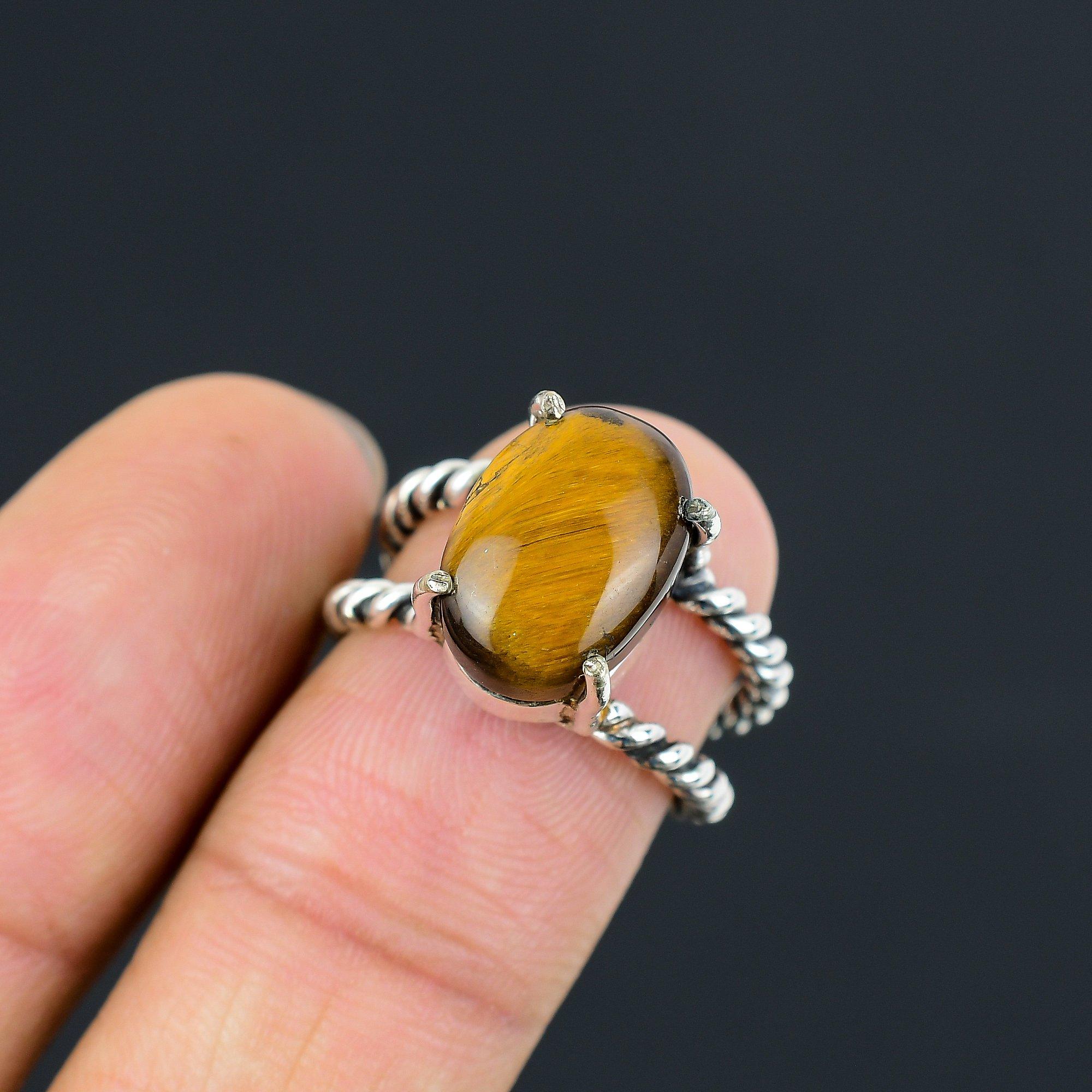 Gift For Women Statement Ring Size 6.5 925 Silver Natural Iron Tiger Eye 6.5