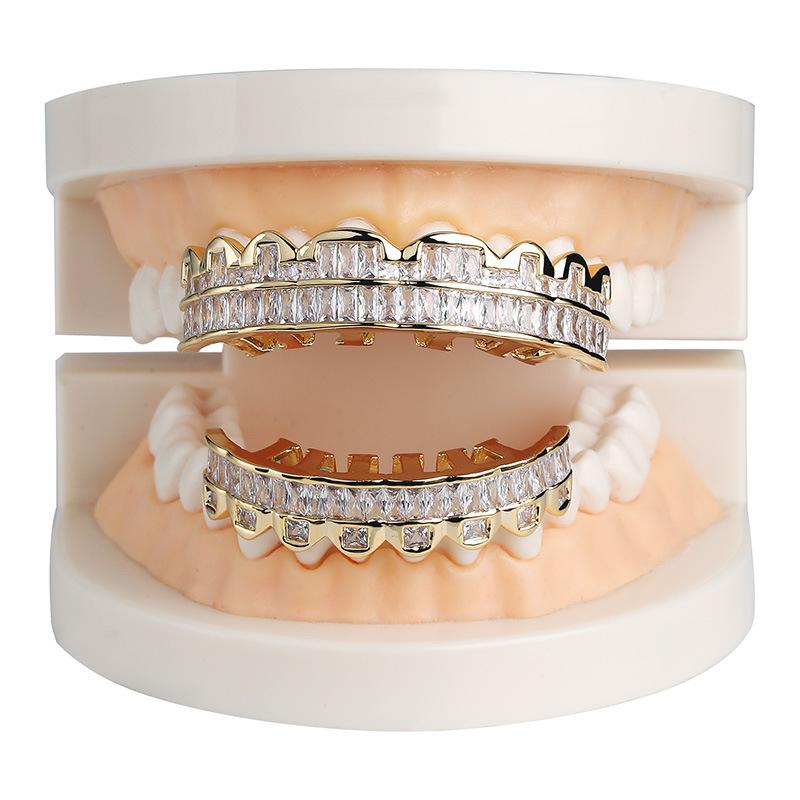 Hip Hop Copper TeethGrillz Set Micro Paved Cubic Zircon Mens Top&Bottom Grills Set With Extra Silicone