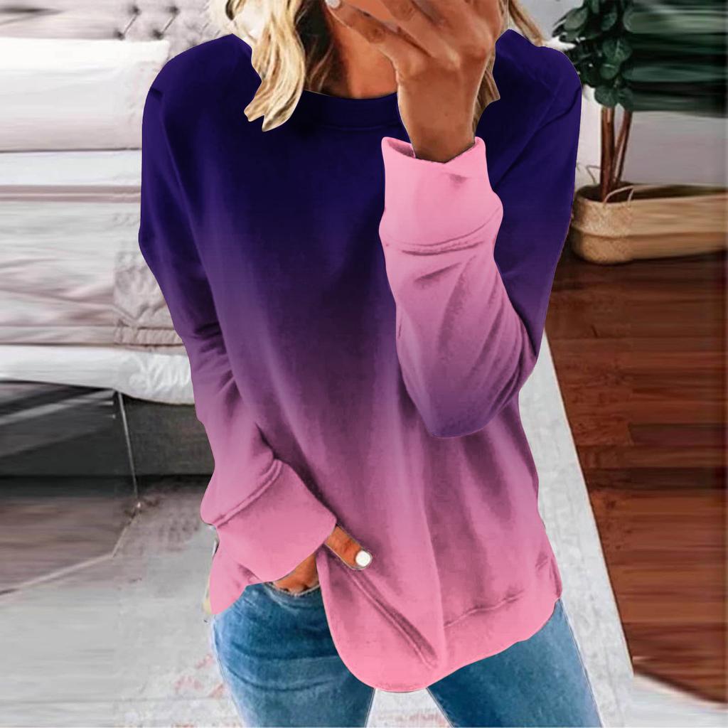 Round Neck 3D Gradient Color Printed Top Fashionable Casual Long Sleeved Women's T-shirts