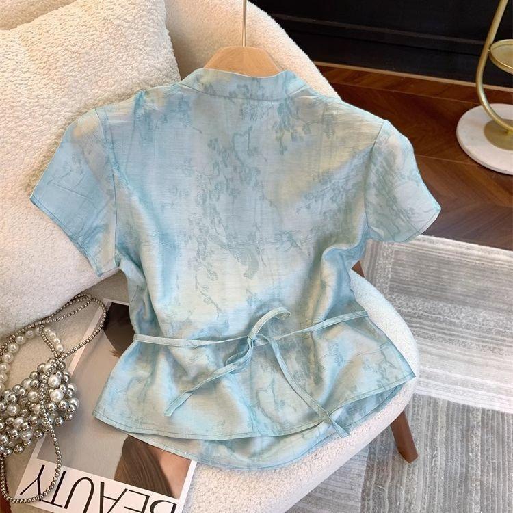 Summer Zen New Button-down Collar Top Blue Jacquard Short-sleeved Shirt Women's Summer