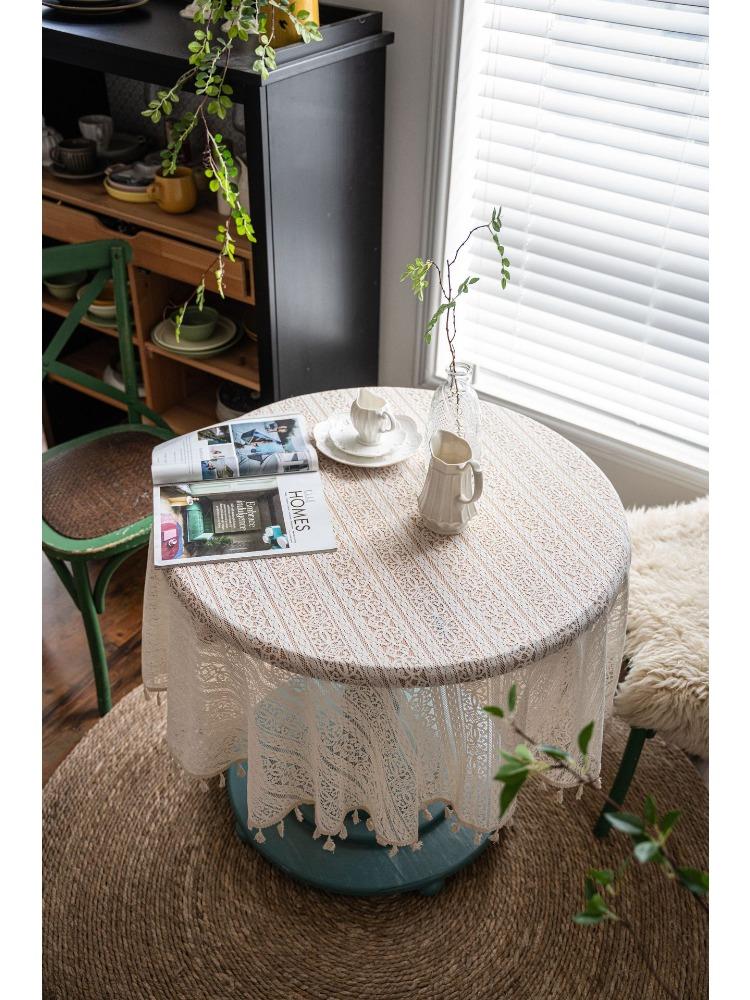 American Country Style Vintage Crochet Hollow Tablecloth, Rice White Crochet Plaid Pattern Decorative Tablecloth Suitable for Home Decoration, Picnic